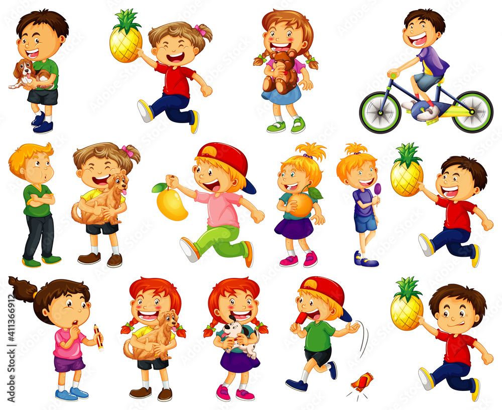 Children doing different activities cartoon character set on white background