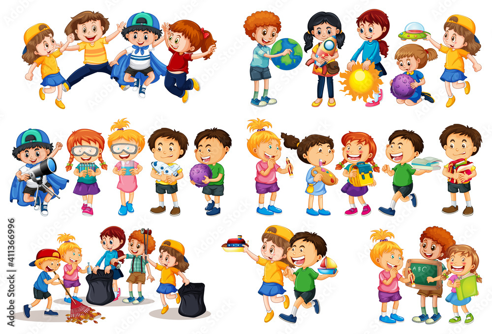 Set of different kid playing with their toys cartoon character isolated on white background Set of different kid playing with their toys cartoon character isolated on white background