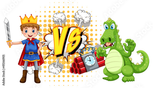 Dragon and knight fighting each other on white background