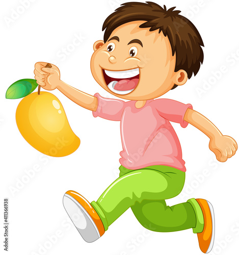 A boy holding mango fruit cartoon character isolated on white background