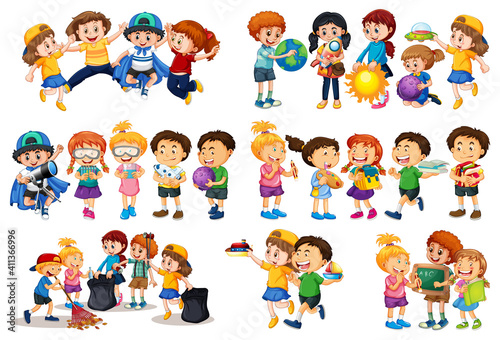 Set of different kid playing with their toys cartoon character isolated on white background