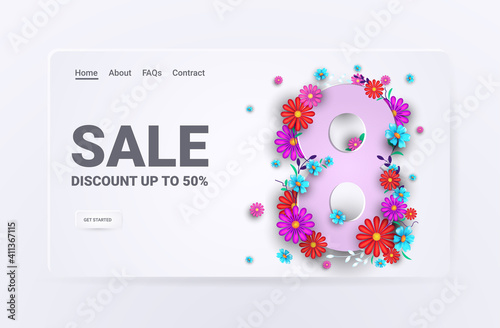 womens day 8 march holiday special offer shopping sale banner flyer or greeting card with flowers on number eight horizontal vector illustration