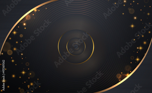 abstract circle lines pattern and golden glitters with curve frame on drak background. Vector illustration