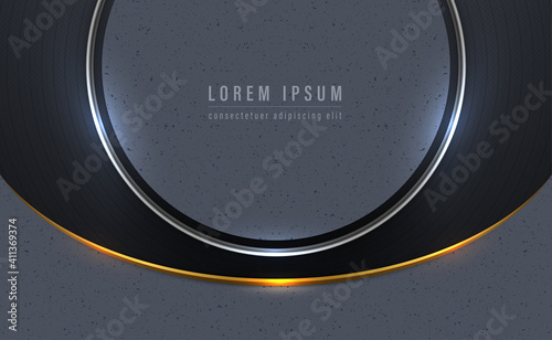 Abstract gold line curve with circle frame and circle lines pattern on drak background vector illustration