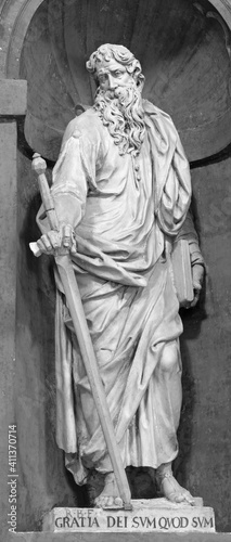 PADUA, ITALY - SEPTEMBER 10, 2014: The baroque statue of St. Paul the Apostle in the church Chiesa di San Gaetano by Ruggero Bescape from 18. cent.