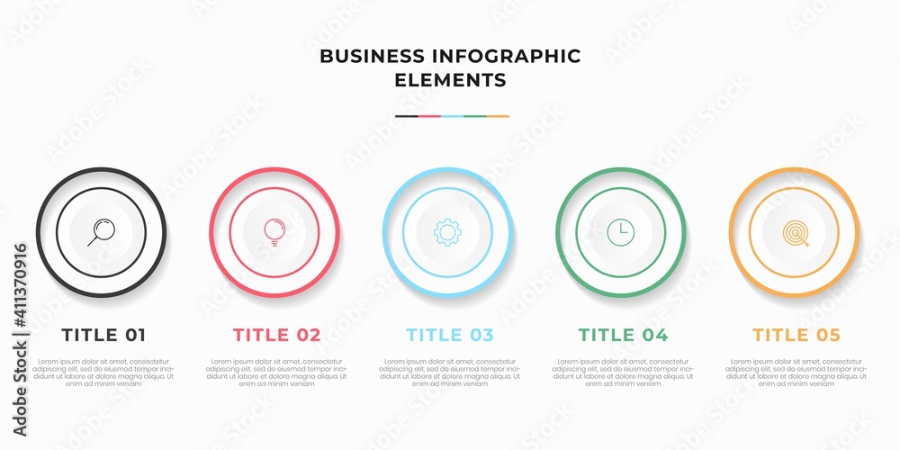 Presentation business infographic template with 5 options or steps. Modern infographic design template. Creative concept of five stages of business project Presentation business infographic template with 5 options or steps. Modern infographic design template. Creative concept of five stages of business project