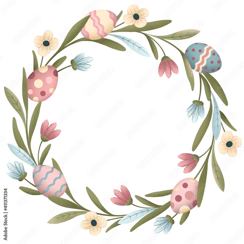 Fototapeta premium Easter wreath with spring flowers and Easter eggs. spring holiday illustration