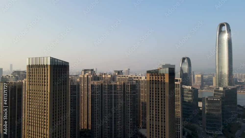 Aerial photography of modern architectural landscape along the Pearl River in Guangzhou at dusk Aerial photography of modern architectural landscape along the Pearl River in Guangzhou at dusk