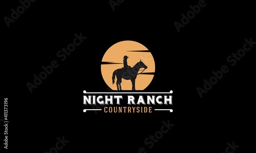 Cowboy riding the Silhouette Horse in the illustration design of the Sunset Sun / Moon logo