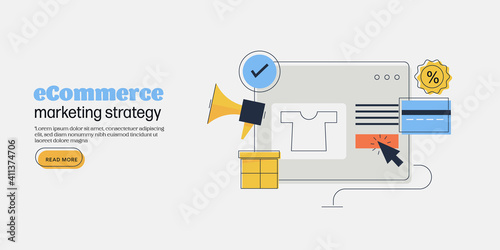 Online shopping, ecommerce webstore with discount, e-payment concept. Digital marketing strategy development for e-business, line art vector illustration.