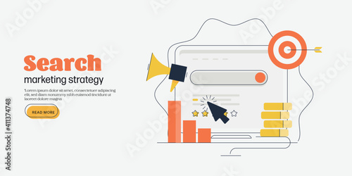 Search marketing and digital advertising, paid media promotion for online business, re-targeting internet users concept, vector line art illustration.