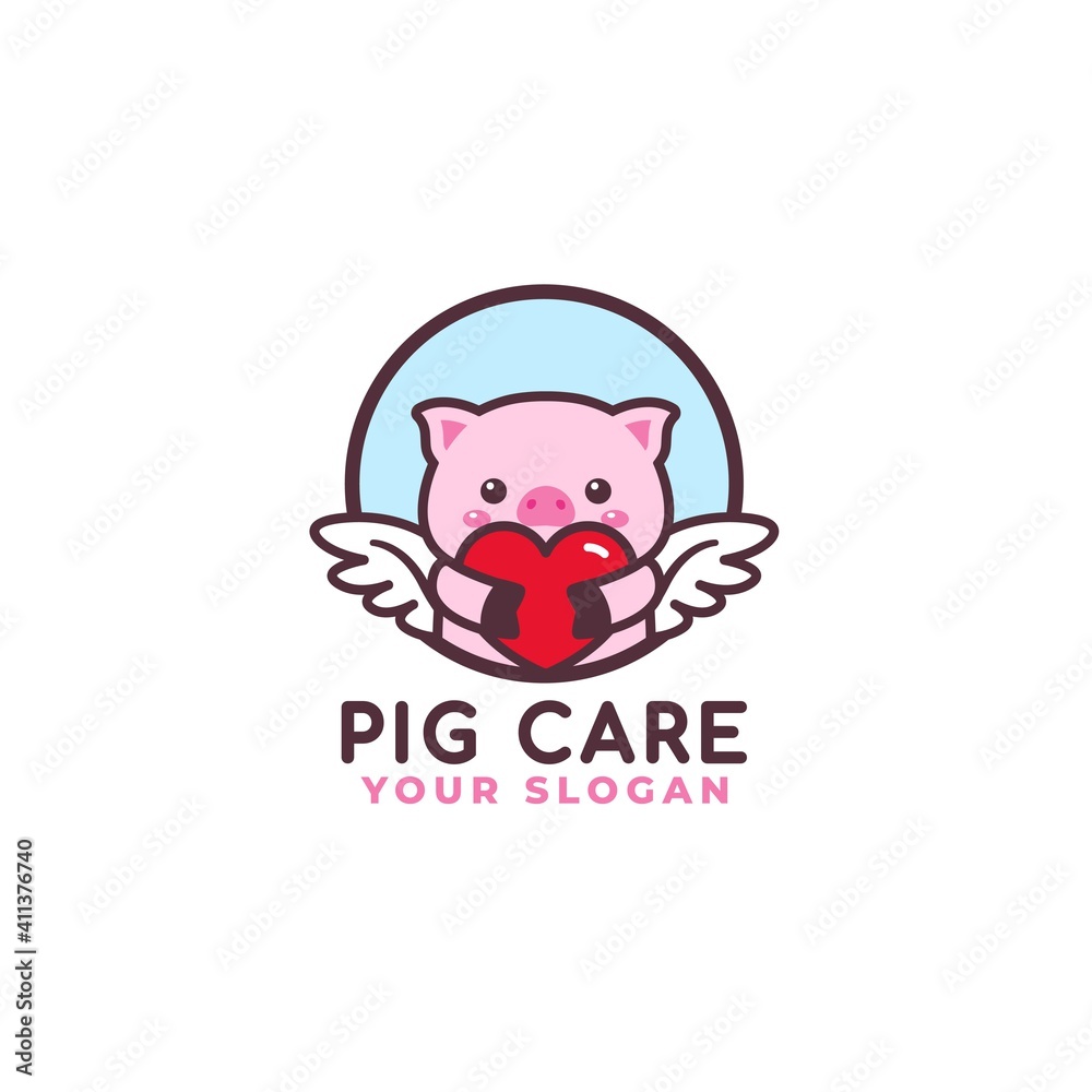 Cute Pig Hugging Heart Care Logo Mascot Baby Shop