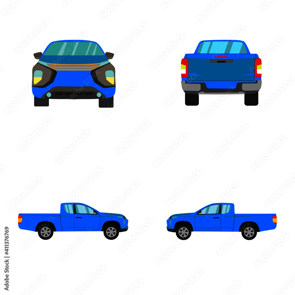 set of light blue smart cab pick up truck on white background