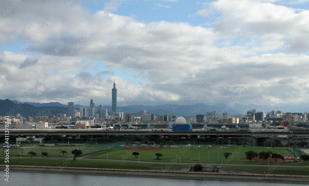 Taipei, Taiwan, Nov 2018: cityscape of Taipei downtown, riverside park beside the keelung river