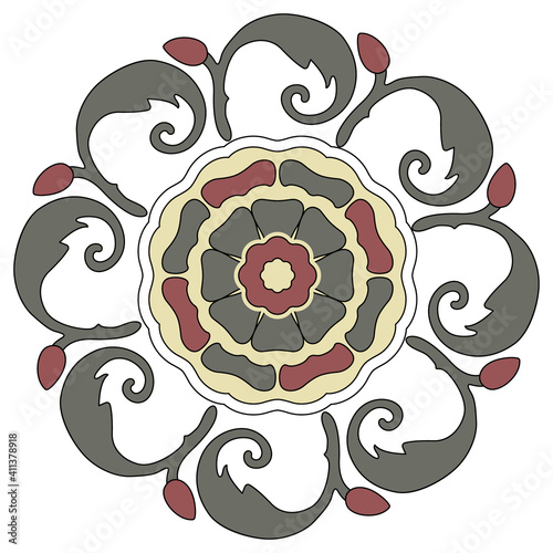 Round spiral mandala with floral motifs. Folk style.