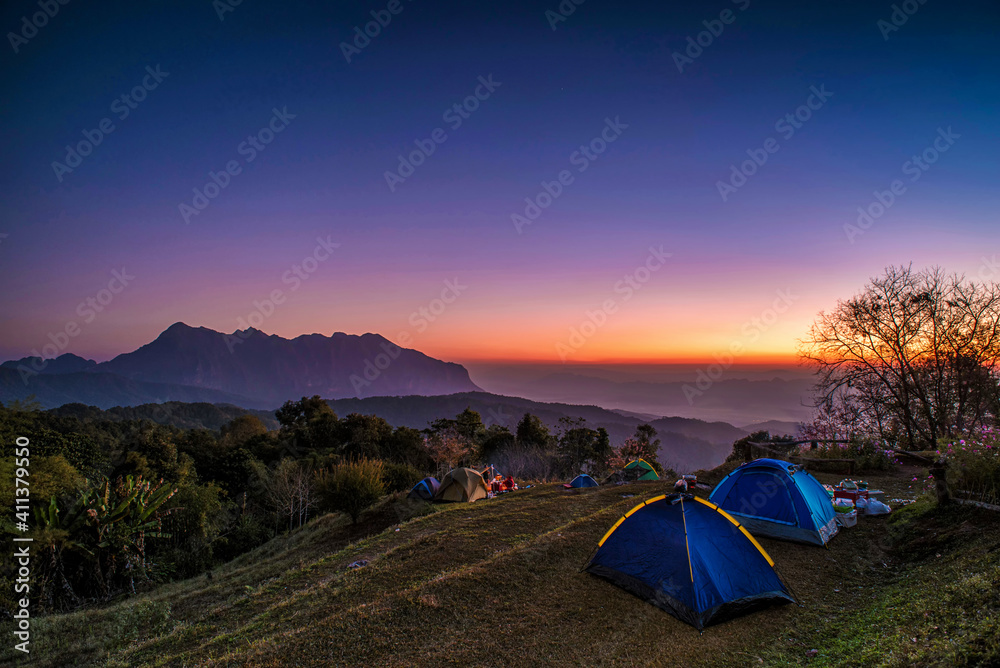 Camping tents on the hill at San Pa Kia, Doi Mae Ta Man viewpoint located , Chiang mai, Thailand.