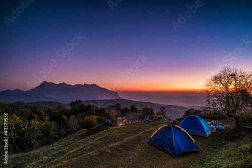 Camping tents on the hill at San Pa Kia, Doi Mae Ta Man viewpoint located , Chiang mai, Thailand.