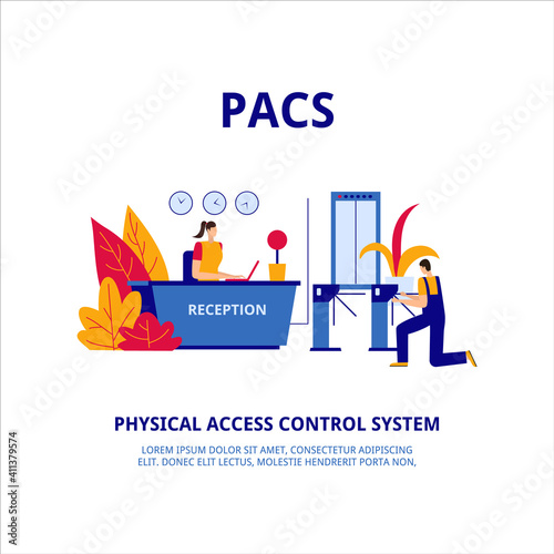 engineer installs and adjusts the operation of turnstiles and access control systems in the hall of the business center. The concept of installation and configuration of an access control system.
