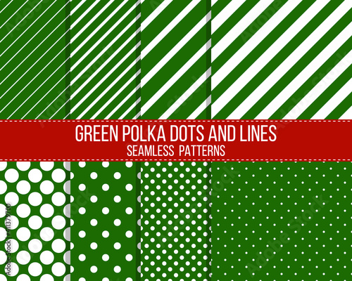 green polka dons and lines seamless vector patterns set
