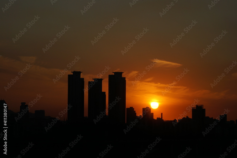 sunset over city