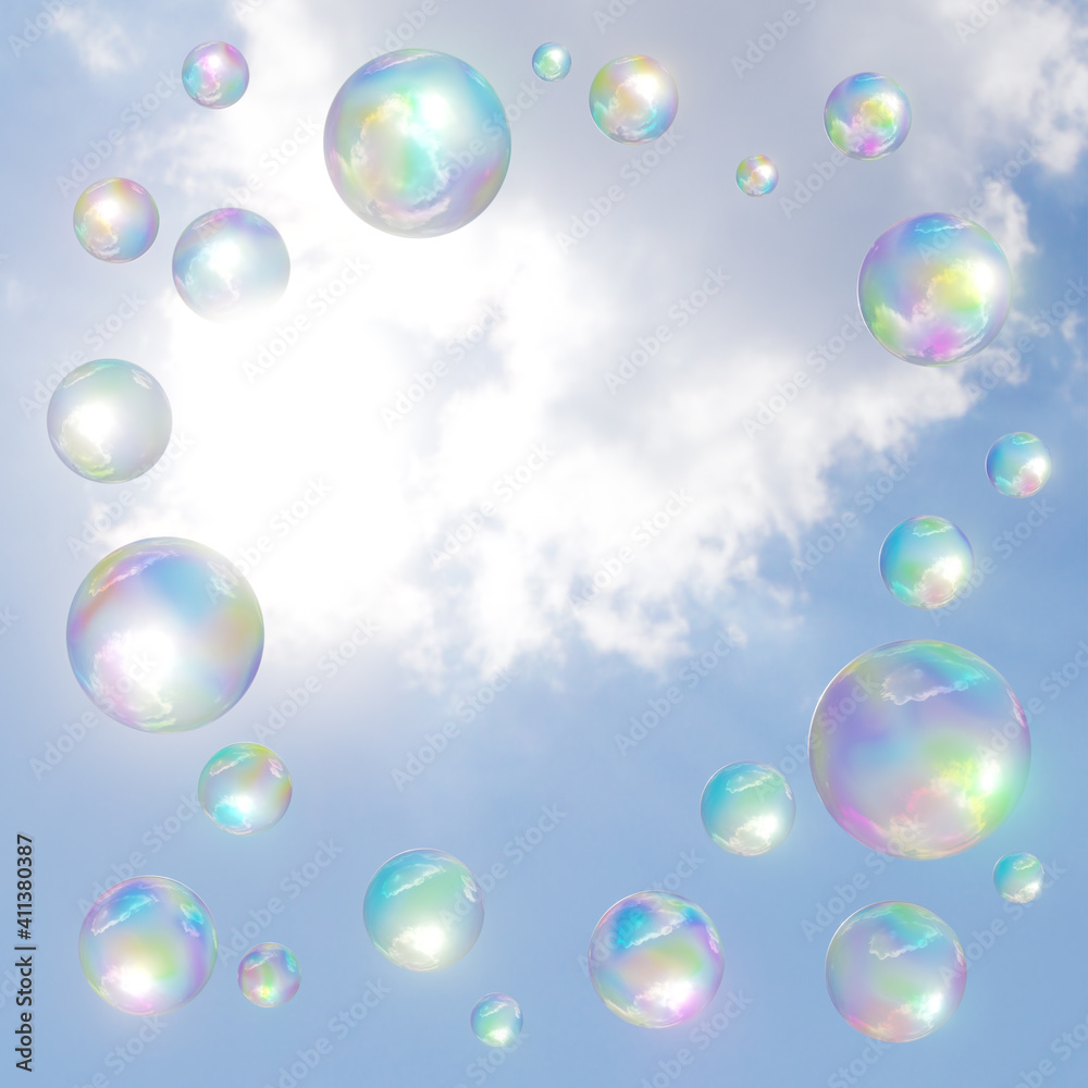 Bubbles_Soap bubbles_blue sky_fly_Rainbow-colored_cloud_3D_5000×5000