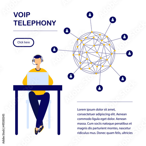 VOIP telephony configuration diagram in flat view. A VOIP Company Website Page Template Demonstrating the Possibility of IP Telephony for Business - Calls from Anywhere in the World.