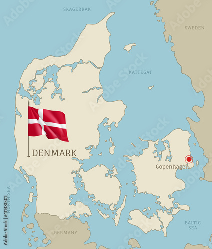 Denmark highly detailed map with territory borders, European country political map with Copenhagen capital city and waving national flag vector illustration photo