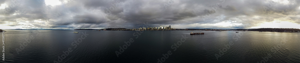 Panoramic aerial view of the city of Seattle, Washington and the Puget Sound in the Pacific Northwest
