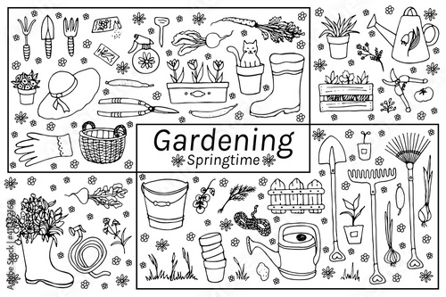 Fototapeta Naklejka Na Ścianę i Meble -  Set  hand drawn vector isolated elements. Gardening. Springtime.  Illustration of a garden tools, plants, flowers, vegetables.