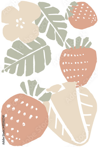 くすみカラーの版画風イチゴのイラストStrawberry art drawn in dull color