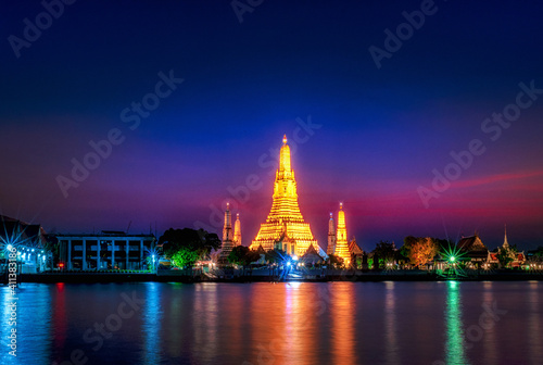 Wat Arun Temple at twilight in Bangkok, Thailand.