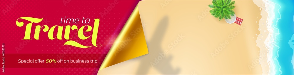 Time to travel. Banner with shadow of airplane on tropical beach. Vectorsummer illustration. Time to travel. Banner with shadow of airplane on tropical beach. Vectorsummer illustration.