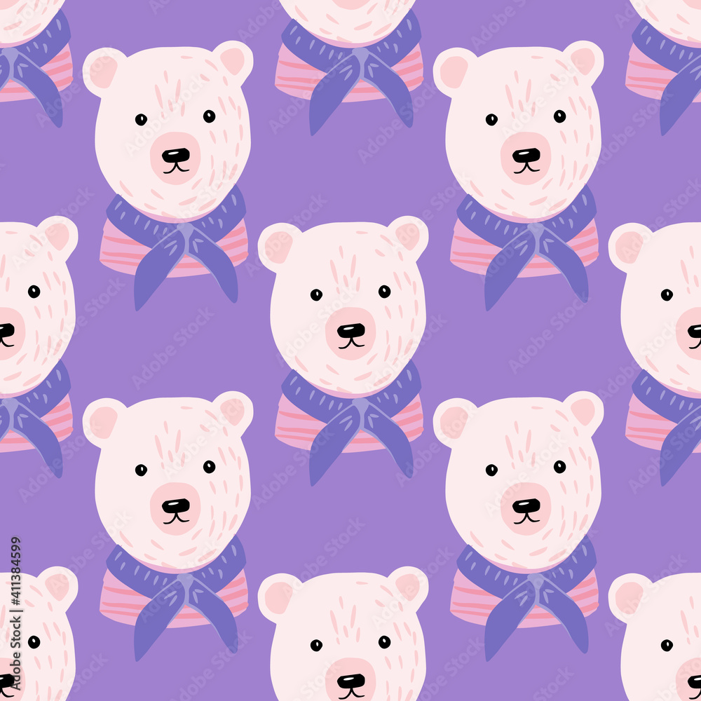 Cartoon seamless pattern with white polar bear sailor ornament. Purple background. Kids style.