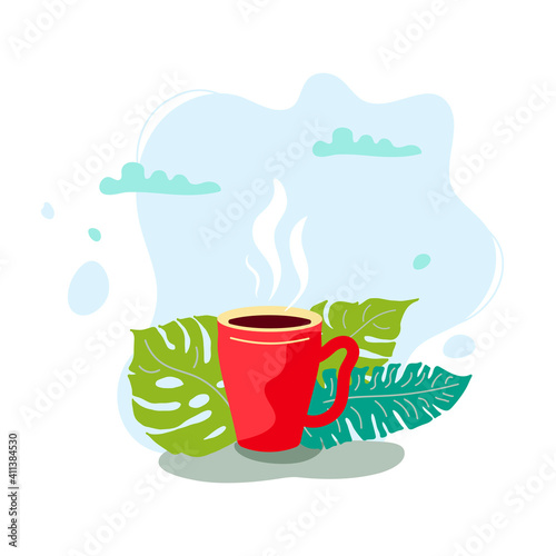 Mug with hot drink and tropical leaves. Flat style design. Vector illustration.