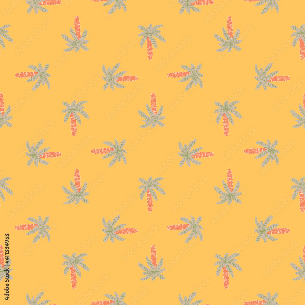 Geometric abstract seamless pattern with nature botanic blue palm tree ornament on yellow background.