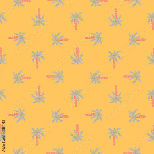 Geometric abstract seamless pattern with nature botanic blue palm tree ornament on yellow background.