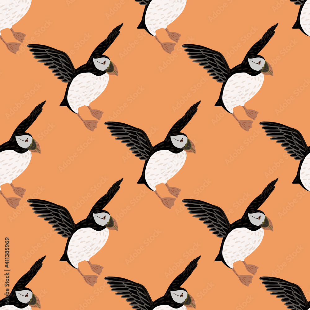 Obraz premium Cartoo seabird seamless pattern with hand drawn puffin birds silhouettes. Pastel orange background.