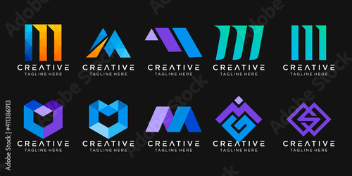Set of abstract monogram letter M logo template. icons for business of fashion, sport, digital, technology.