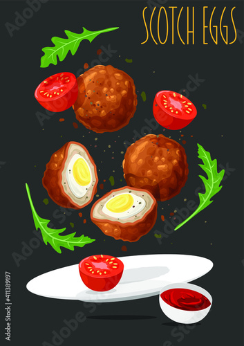 Scotch eggs. Meat cutlet with boiled egg. Vector illustration 