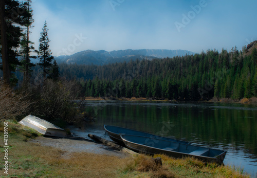 Soft focus lake with canoes