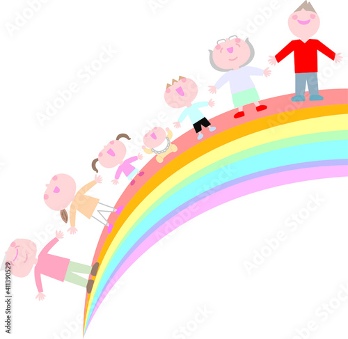 虹の上から空を見上げる三世代家族