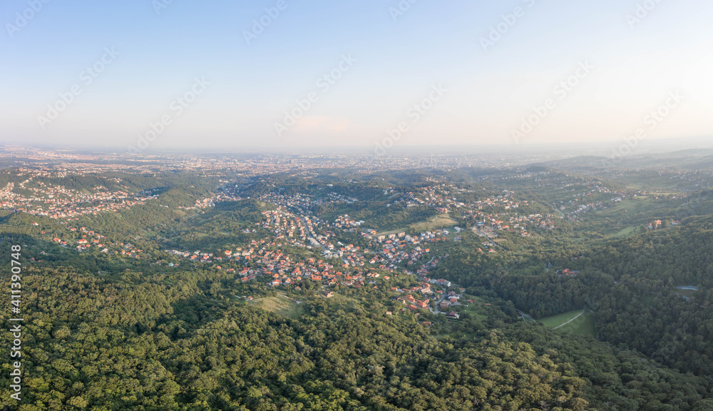 Aerial panoramic drone view of Zagreb upper town near Medvednica mountain Aerial panoramic drone view of Zagreb upper town near Medvednica mountain