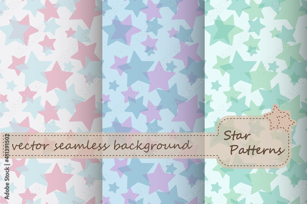 Seamless pattern. Stars of different sizes isolated on white background. Shades of green, blue and pink. Vector illustration. 