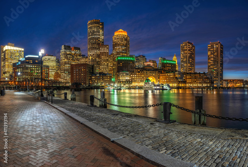 Panorama of Boston skyline from Fan Pier at the fantastic twilight time with smooth water river in boston, Massachusetts, USA downtown skyline,Architecture and building with tourist and travel concept