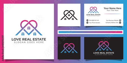 line logo of love real estate logo, favorite building property logo and business card design