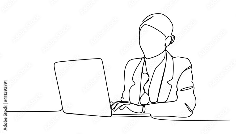Business woman working on a laptop - Continuous one line drawing Business woman working on a laptop - Continuous one line drawing