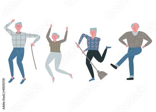 陽気に踊る高齢者のイラスト(セット）
