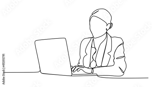 Business woman working on a laptop - Continuous one line drawing