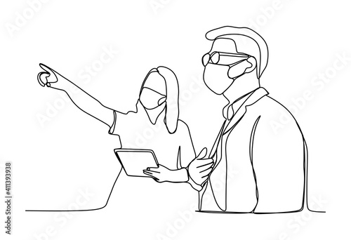 Businesswoman explain about something to the man. They are wearing the face protective mask. Continuous one line drawing