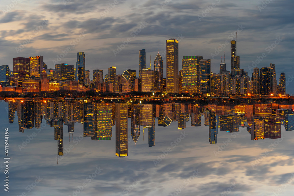 Panorama of Chicago Cityscape river side along Lake Michigan at beautiful twilight time, United States,building and real estate,Business Architecture and building,travel and tourist concept,reflection